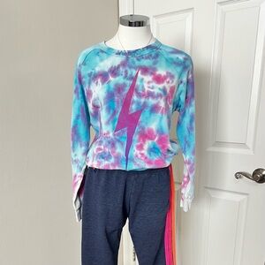 Aviator Nation Tie Dye Lighting Bolt Crewneck Sweatshirt XS Pink/Blue